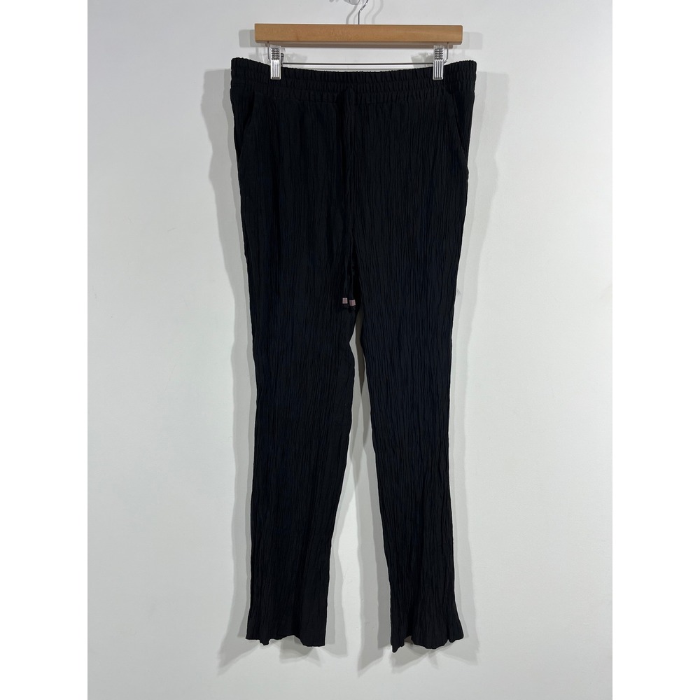 Wren NY Black Parisian Crinkle Office Wide Leg Pants Women Large Minimalist Boho